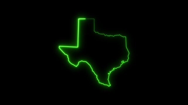 Neon green texas state map outline glowing on black background, digital tech concept for us geography and travel