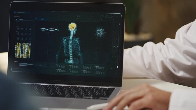 Physician educates patient about body processes, showing video on laptop