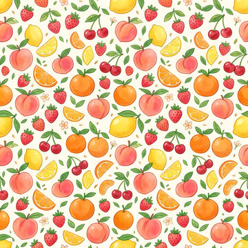 Seamless pattern with cute pixel art fruits like oranges lemons strawberries and cherries