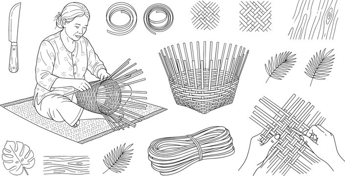Traditional basket weaving line art vector set featuring woman crafting artisanal products textures bamboo strips knife and hands process