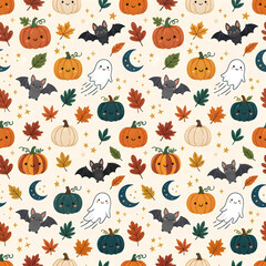 Fototapeta premium Seamless halloween pattern with pixel art pumpkins ghosts bats and autumn leaves