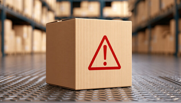 Cardboard box with warning exclamation sign stands on a metal floor in a warehouse. Ideal for logistics safety concepts.