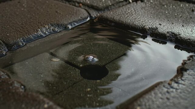 Dropping droplet from vertical stream striking shallow puddle between pavers, sustaining ripples
