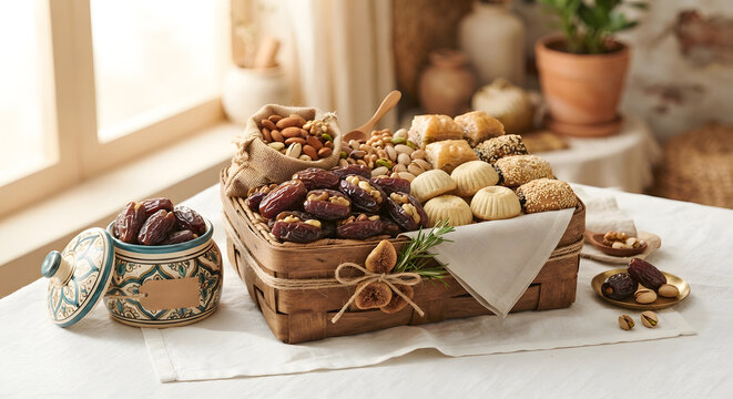 Assorted traditional Middle Eastern gift basket with dates and pastries