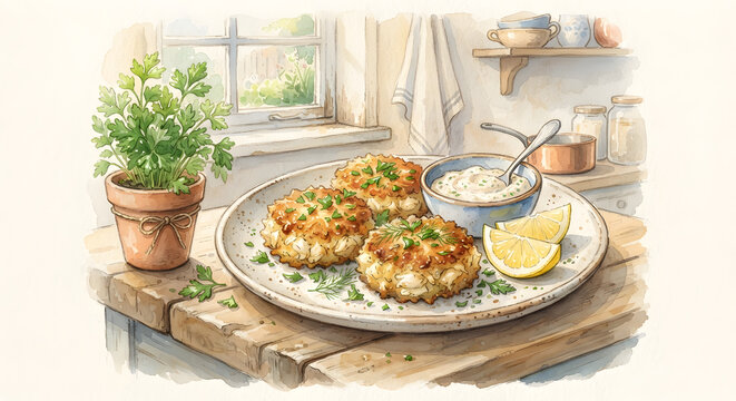 Crispy crab cakes served on a ceramic platter with lemon wedges and sauce