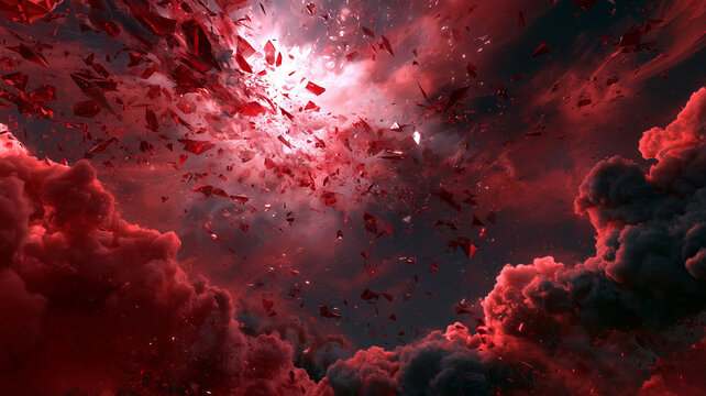 Red cosmic explosion with shattered fragments in clouds