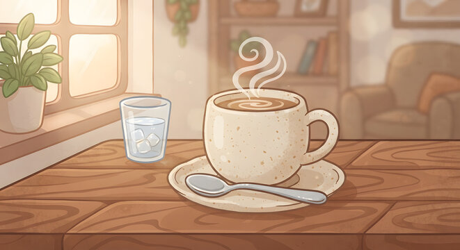 Cozy morning coffee setting by a window