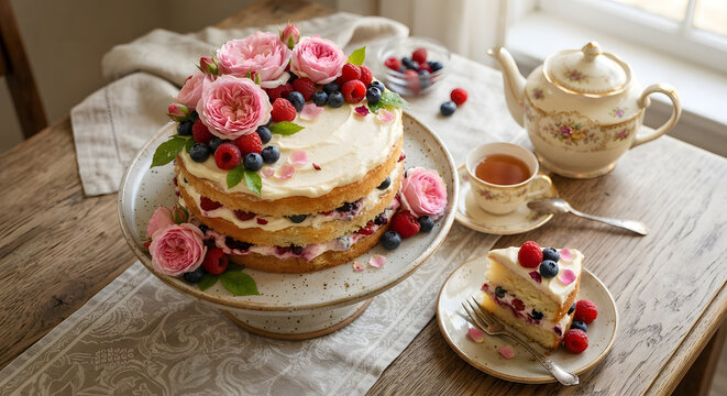 Elegant naked layer cake topped with pink roses and berries