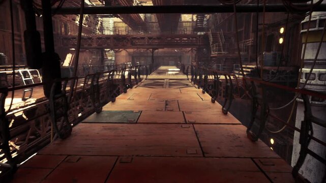 long cargo transit catwalk with bolted plates and side piping, directional lines lead to distant light, industrial logistics mood, textured wear and shadow play