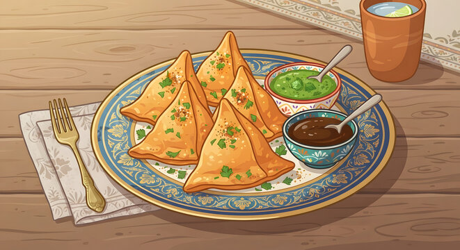 Golden fried samosas on an ornate plate with dips