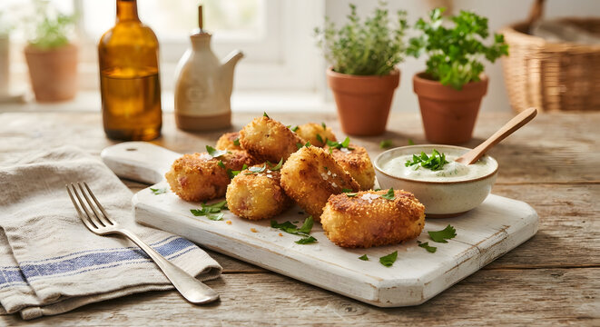 Golden fried potato croquettes on white board with dip