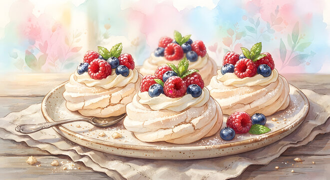 Mini Pavlova Desserts with Fresh Berries and Mint