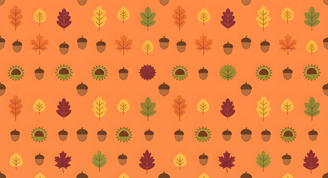 Seamless autumn pattern with leaves and acorns on orange background