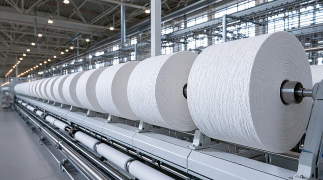 Large white yarn spools spinning on industrial textile machinery in a modern factory. Perfect for manufacturing and textile industry concepts.