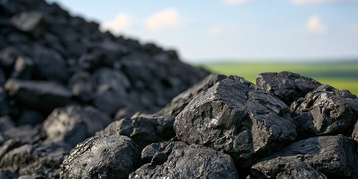 A large pile of black coal rocks stacked outdoors under natural daylight. Ideal for energy and mining industry concepts.