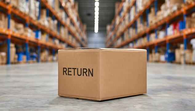 A cardboard box with return text on the side sits on a warehouse floor. Great for e-commerce return policy concepts.