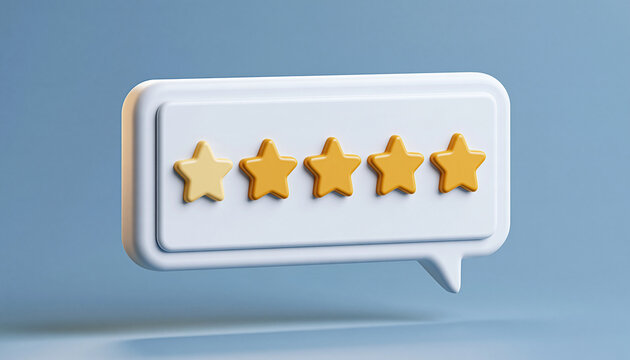 Five gold stars rating in a speech bubble with soft studio lighting against a blue background. Ideal for customer feedback and satisfaction review concepts.