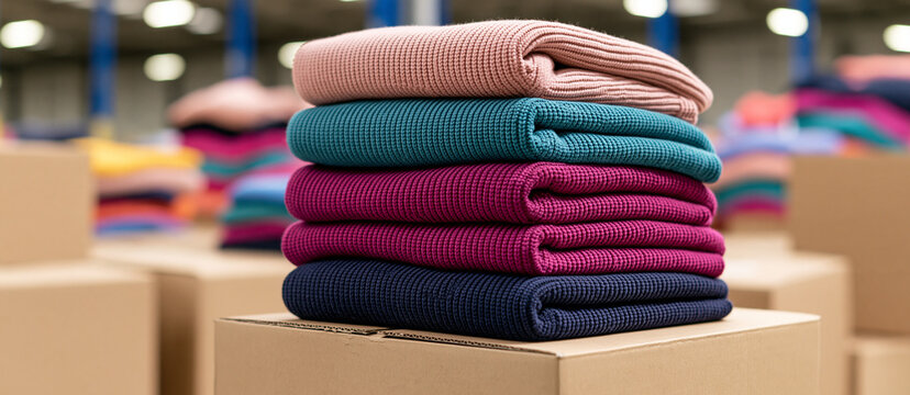 A stack of colorful folded knitted sweaters on cardboard boxes in a clothing warehouse. Ideal for apparel distribution and e-commerce concepts.