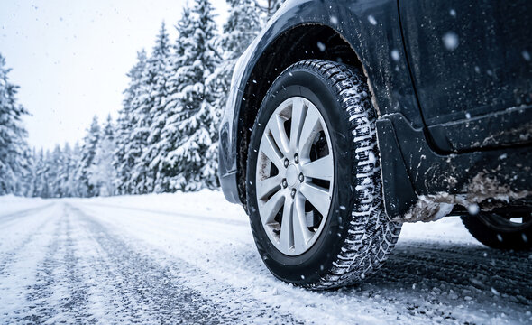 Car tire on snowy forest road with falling snow and pine trees, winter