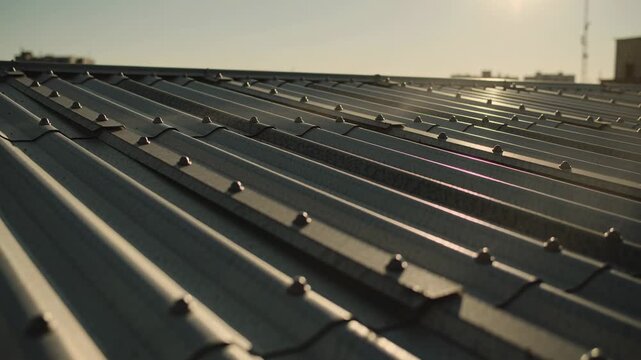 Gliding camera scanning corrugated metal roof on rooftop, revealing screws, raised panel, sun glint
