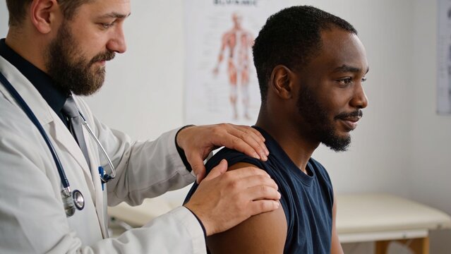 Qualified doctor examining shoulder movement in patient with suspected joint subluxation.