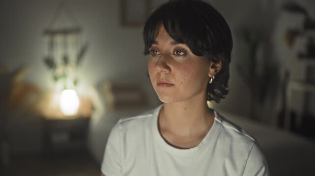 Young woman with short hair looking up, bare neck visible beside a glowing lamp and hanging macrame in a building; contemplation quiet evening.