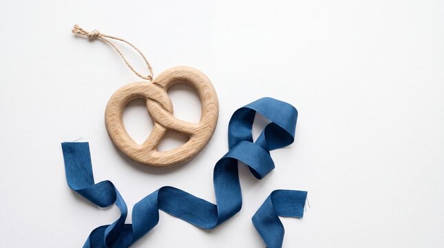 Wooden pretzel teether toy with blue ribbon on white background