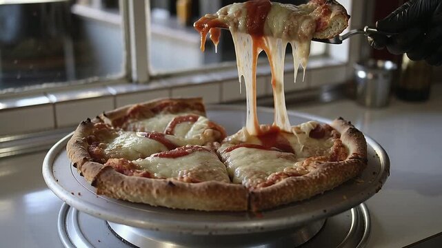 Sliding gloved hand serving pepperoni slice with spatula from metal stand on counter
