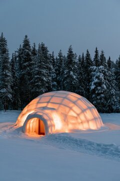 Glowing igloo with patterned shadow grid on snow near fir trees for winter poster and background design
