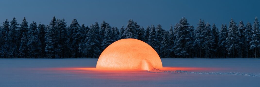 Glowing igloo dome in snowy forest at twilight for winter background and wallpaper featuring warm interior light in a cold landscape