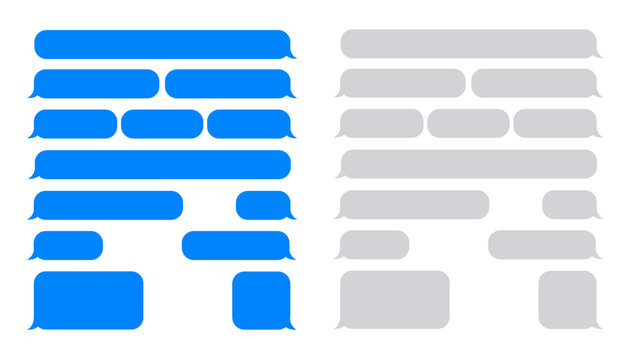 Message Bubbles Vector Set for Phone UI App Interface, Blank Blue and Grey Text Chat Speech Bubble Mockup Template, Smartphone SMS Dialogue Frames Isolated on White Background Vector