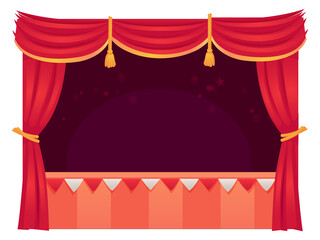 Obraz premium Puppet theater scene. Red curtain empty stage
