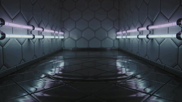Rippling center tiled floor sending ripples across sci-fi room after pulse, neon tubes on hex walls