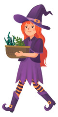 Obraz premium Cartoon witch with herb basket. Magic ritual equipment