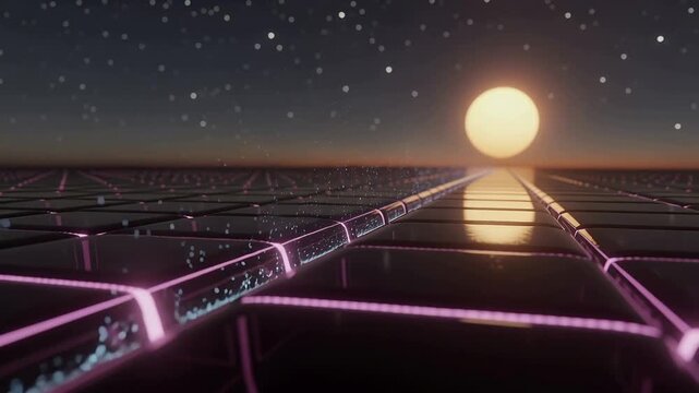 Light surge propelling central tube with blue core across glossy plane with pink grid toward orb