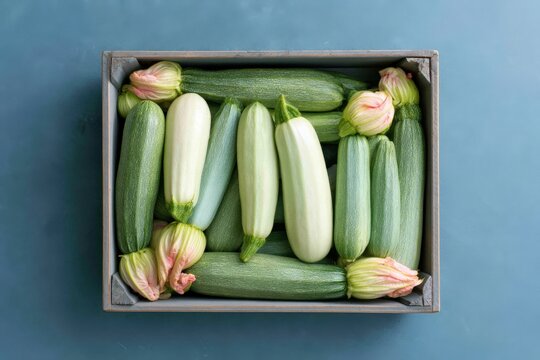 Box of pale green zucchini with blossoms for food background and market banner design
