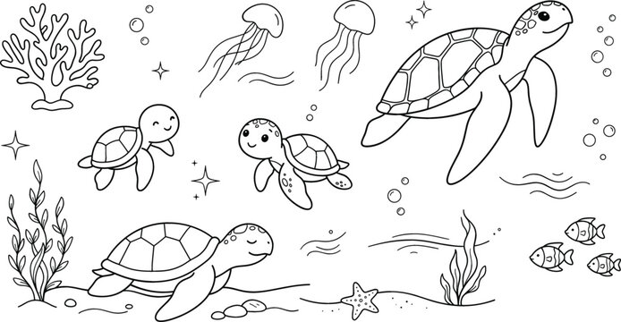 Sea turtle ocean life line art vector bundle featuring cute swimming turtles jellyfish coral and starfish