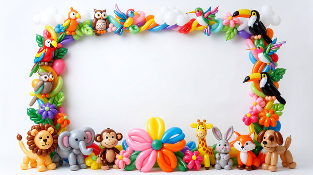  Frame of colorful twisted balloon on white background, for kids fun, kids party, birthday, party, card, decoration related concept, white background, copy space