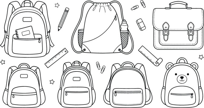 School bags and backpacks line art vector bundle featuring drawstring sack briefcase and cute bear rucksack