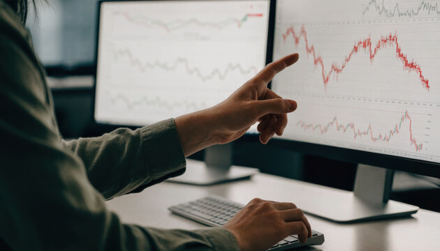 Stock market financial chart data analysis business person hand gesture computer screen trading investment decline graph office monitor keyboard analytics finance technology workplace professional