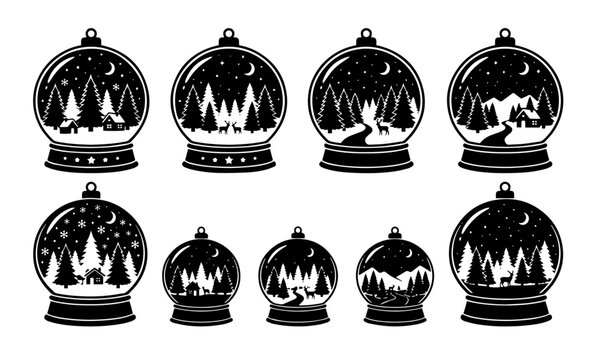 Christmas snow globe landscape black silhouette icons set vector.