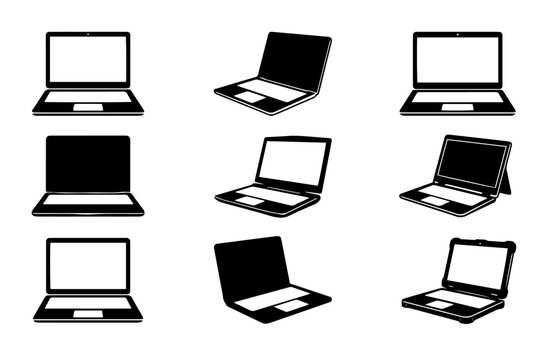Laptop computer models in different perspectives black icons vector set.
