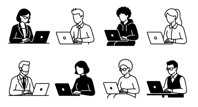 People working on laptop computers line art avatar icons vector set.