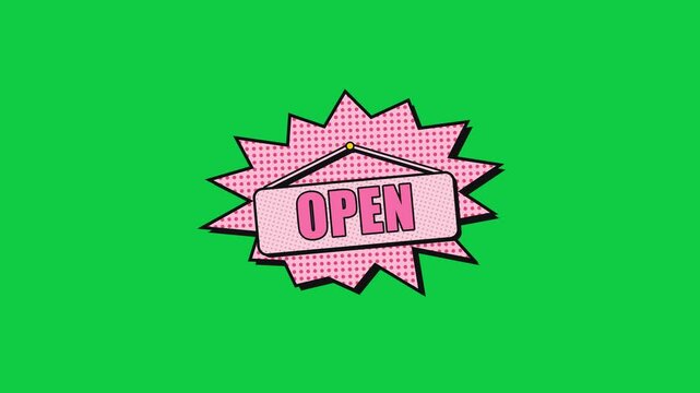OPEN word on a hanging sign pop art comic transition on green screen
