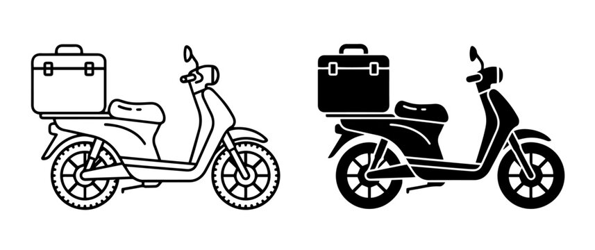 Delivery scooter outline and solid black icon vector set.