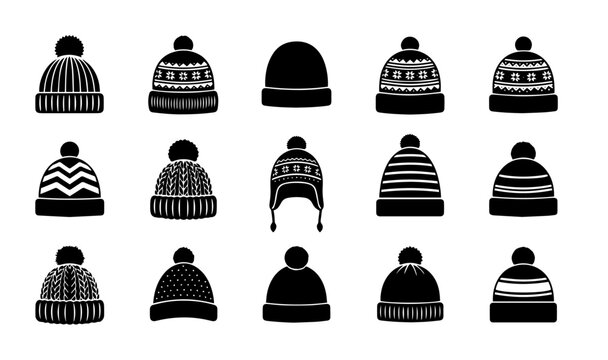 Winter knitted beanie hats and pom pom caps black icons vector set.