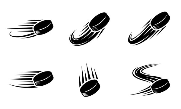 Flying ice hockey puck with motion speed trails vector set.