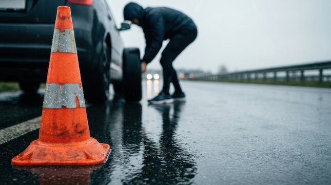 Man changing flat tire on car in rain with traffic cone and wet road safety cone