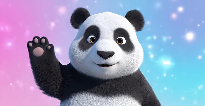 A friendly cartoon panda bear waves its paw against a sparkling pink and blue background, smiling warmly.