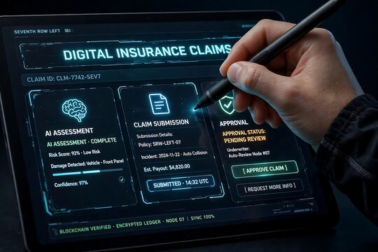 A hand using a stylus on a digital tablet with person uses digital stylus interact insurance claim processing interface tablet screen